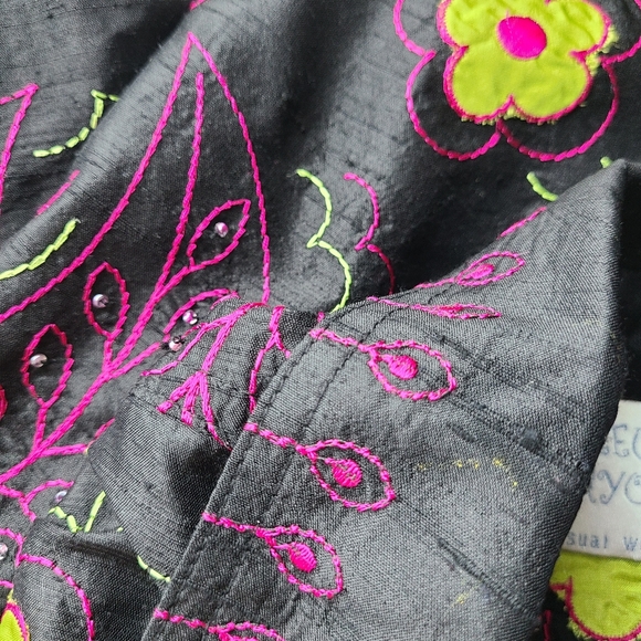 Blue Bayou Black Floral Embroidered Beaded Silk Art To Wear Boho Jacket - Picture 7 of 13
